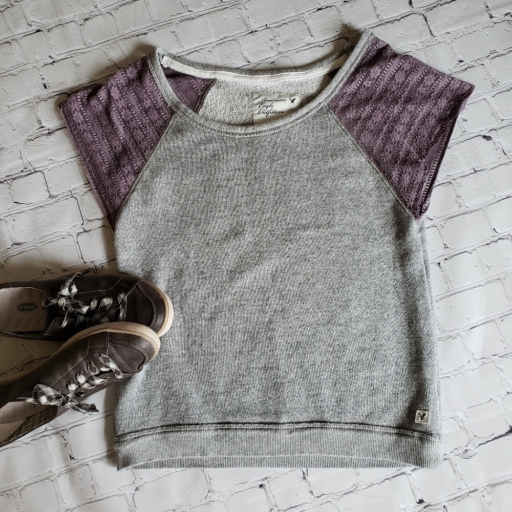 AEO French Terry Raglan Lace Sleeve Top S